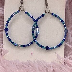 Blue Beaded Hoop Earrings